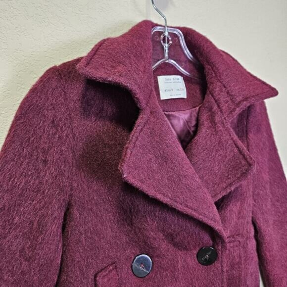 Zara Girls 9 Peacoat Burgundy Wool Mohair Alpaca Preppy Winter Coat EU 134cm - Picture 2 of 15